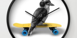 Kookaburra, Headphones, Skateboard, Revolution Australia, wall clock, Aussie design, minimalist, home decor, clock