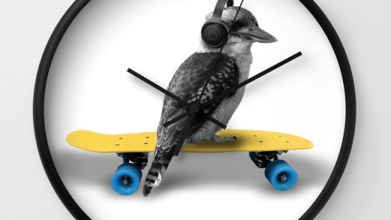 Kookaburra, Headphones, Skateboard, Revolution Australia, wall clock, Aussie design, minimalist, home decor, clock