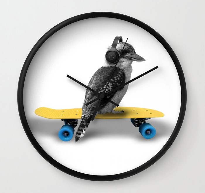 Kookaburra, Headphones, Skateboard, Revolution Australia, wall clock, Aussie design, minimalist, home decor, clock