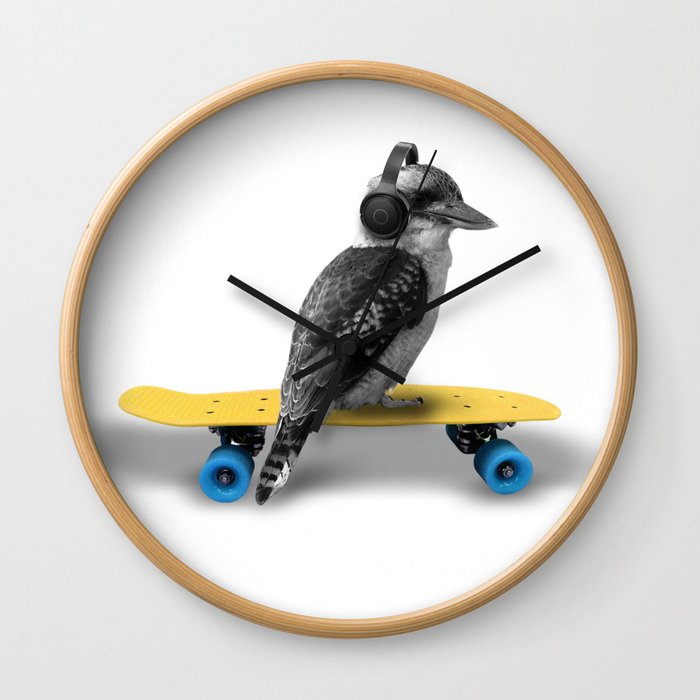 Kookaburra, Headphones, Skateboard, Revolution Australia, wall clock, Aussie design, minimalist, home decor, clock
